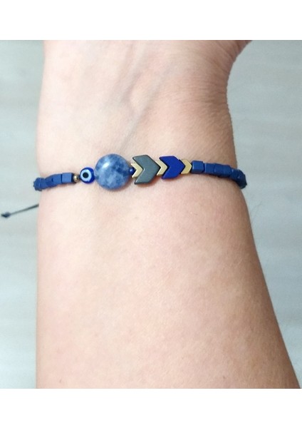 Sodalit ve Hematit Doğaltaşlı Nazar ve Küp Miyuki Boncuklu Unisex Bileklik