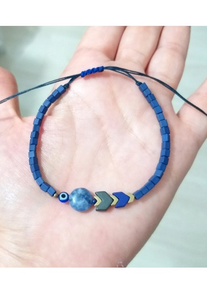 Sodalit ve Hematit Doğaltaşlı Nazar ve Küp Miyuki Boncuklu Unisex Bileklik