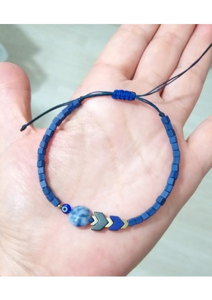 Sodalit ve Hematit Doğaltaşlı Nazar ve Küp Miyuki Boncuklu Unisex Bileklik