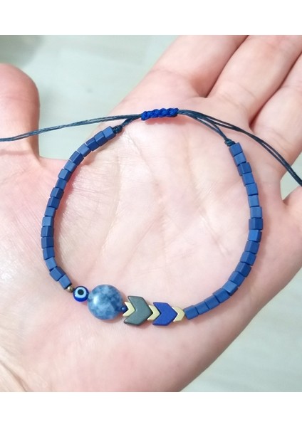 Sodalit ve Hematit Doğaltaşlı Nazar ve Küp Miyuki Boncuklu Unisex Bileklik