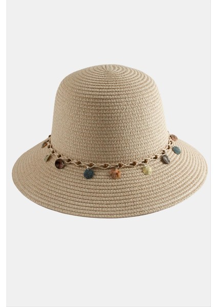 Ds-Derin Boncuk Örme Hasır Şapka-Pudra Rengi