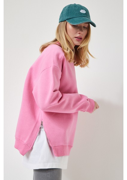 Fermuar Detaylı Şardonlu Sweatshirt LUB0003 Açık Pembe
