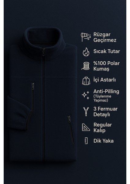 Erkek Anti-Pilling Tüylenme Yapmayan Standart Fit Dik Yaka Soğuk Geçirmez Üç Cepli Fermuarlı Polar modelleri