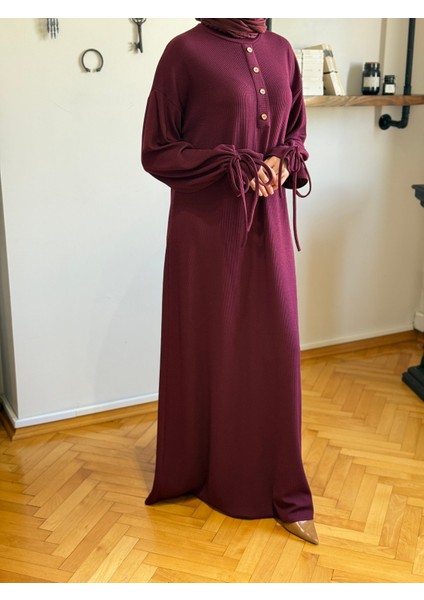 Bordo Kol Bağlamalı Düğme Detaylı Örme Elbise 9921 fiyatları