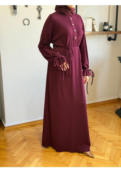 Bordo Kol Bağlamalı Düğme Detaylı Örme Elbise 9921 modelleri