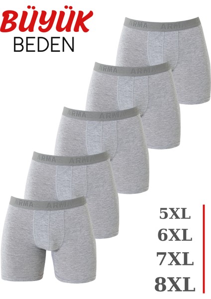 Erkek Gri Büyük Beden Boxer Pamuklu Likralı Yumuşak ve Esnek Kumaş 5'li Paket