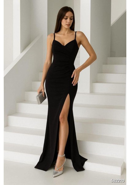 Ince Askılı Yırtmaçlı Balık Elbise Siyah 582210