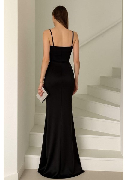 Ince Askılı Yırtmaçlı Balık Elbise Siyah 582210 fiyatları