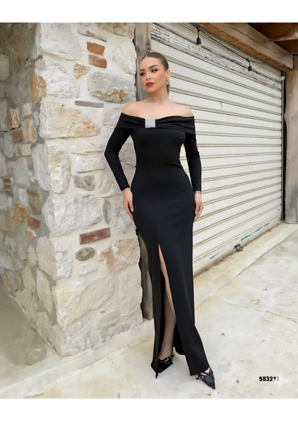 Krep Esnek Kumaş Fiyonk Yaka Taş Detaylı Yırtmaçlı Abiye Elbise 583357 Siyah