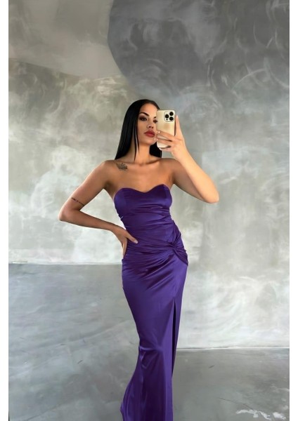 Scuba Kumaş Kruvaze Yaka Abiye Elbise - Bel Büzgülü ve Şık Tasarım 582836 Mürdüm