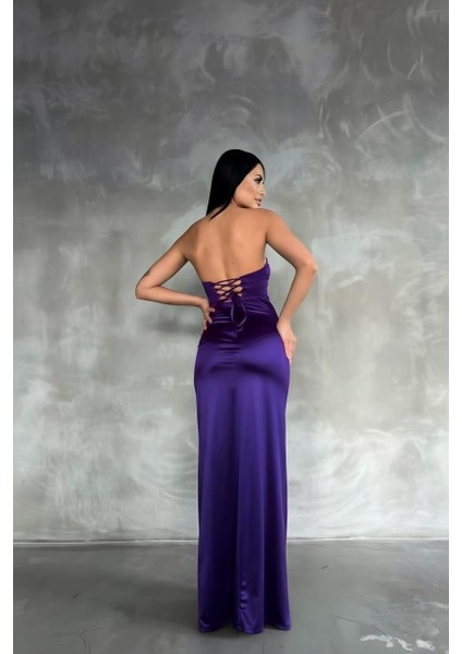 Scuba Kumaş Kruvaze Yaka Abiye Elbise - Bel Büzgülü ve Şık Tasarım 582836 Mürdüm fiyatları