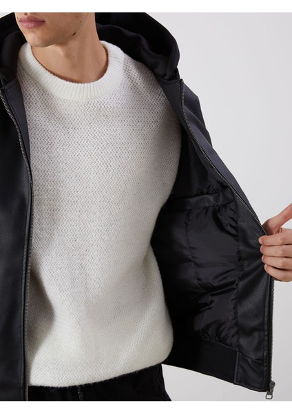 Yeni Sezon Standart Kalıp Kapüşonlu Erkek Deri Görünümlü Ceket fırsatları