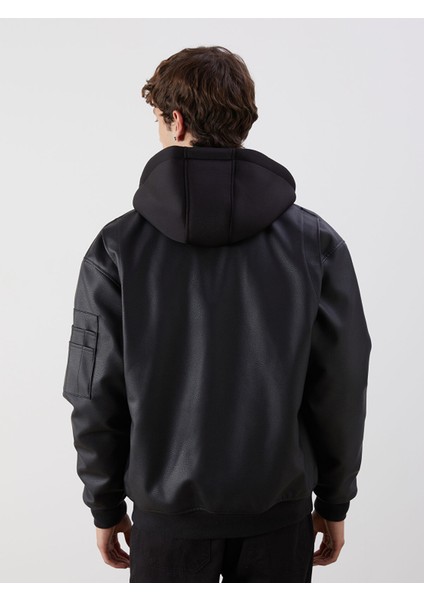 Yeni Sezon Standart Kalıp Kapüşonlu Erkek Deri Görünümlü Ceket indirimleri
