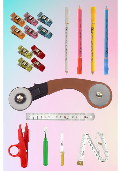 45MM Kumaş Deri Kağıt Rulet Kesici Makas Mezura Işaretleme Kalemi Mandal Sökücü Cetvel Seti