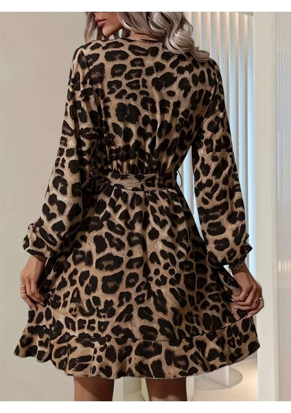 Kadın Kruvaze Yaka Kuşaklı Leopar Desenli Dalgıç Kumaş Elbise fiyatları