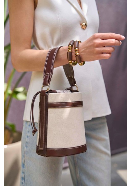 Kadın Kanvas Kova Çanta Kahverengi Kontrast Dikişli Ergonomik Tasarım