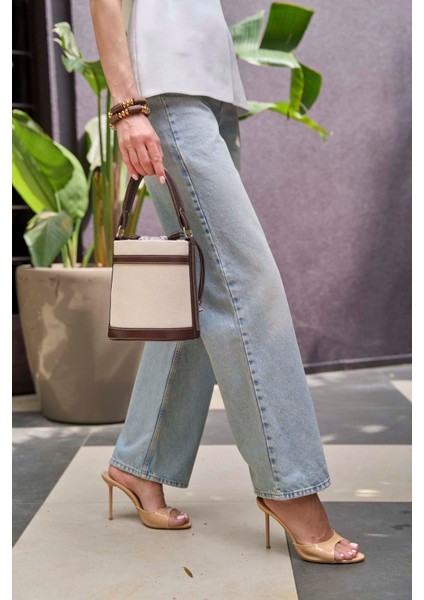 Kadın Kanvas Kova Çanta Kahverengi Kontrast Dikişli Ergonomik Tasarım fiyatları