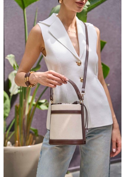 Kadın Kanvas Kova Çanta Kahverengi Kontrast Dikişli Ergonomik Tasarım modelleri