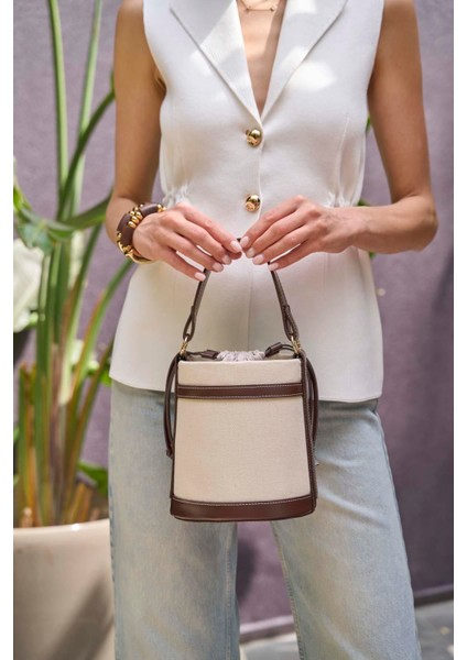 Kadın Kanvas Kova Çanta Kahverengi Kontrast Dikişli Ergonomik Tasarım fırsatları