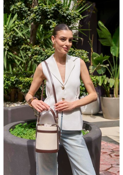 Kadın Kanvas Kova Çanta Kahverengi Kontrast Dikişli Ergonomik Tasarım indirimleri