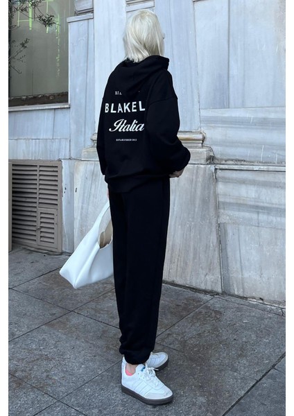 Siyah Kapüşonlu Sırt Baskılı Kadın Eşofman Takımı MG2187 indirimleri