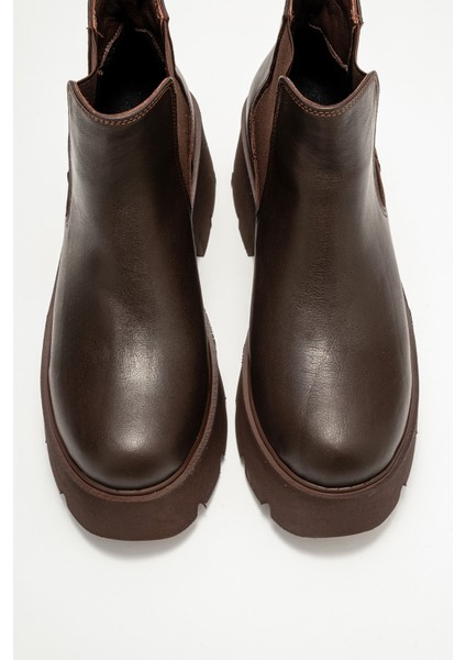 Clen Kahverengi Cilt Hakiki Deri Lastikli Kadın Kalın Tabanlı Bot fiyatları