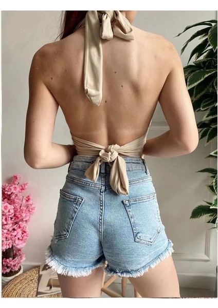 Kadın Yazlık Boyun Bağlamalı Askılı Değişken Yaka Crop Kahverengi Bluz Büstiyer fiyatları