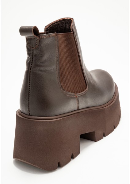 Clen Kahverengi Cilt Hakiki Deri Lastikli Kadın Kalın Tabanlı Bot indirimleri