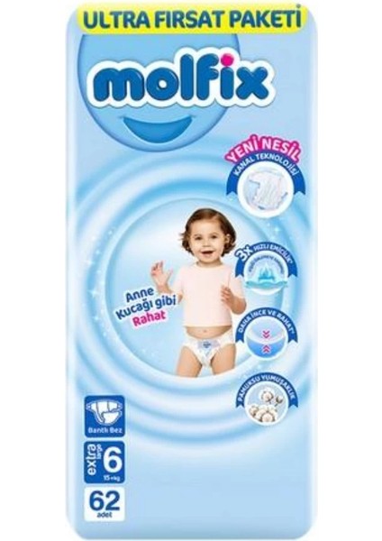 Molfix Bebek Bezi Ultra Fırsat Paketi 6 Beden 15+ kg 62 Adet