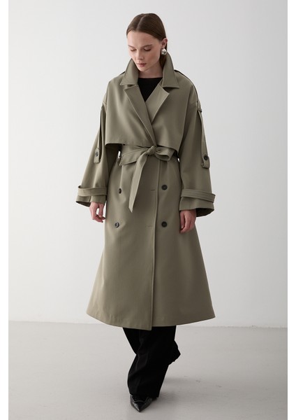 Haki Lucky Düğme Detaylı Oversize Trençkot