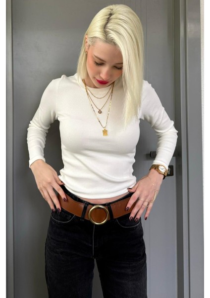 Ekru Bisiklet Yaka Slim Fit Kadın Body MG2564 indirimleri