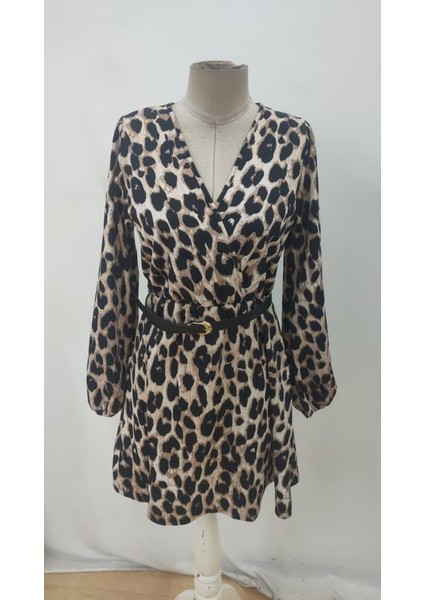 Kadın Kruvaze Yaka Kemerli Leopar Desenli Modal Kumaş Mini Elbise fırsatları