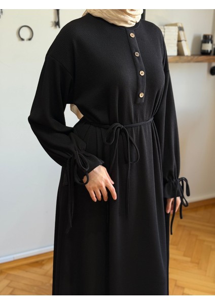 Siyah Kol Bağlamalı Düğme Detaylı Örme Elbise 9921
