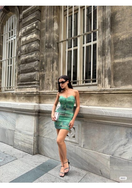 Straplez Yaka Büzgülü Mini Tül Elbise 583021 Yeşil fiyatları