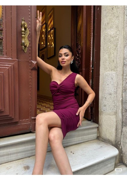 Tek Kol Göğüs Detaylı Büzgülü Elbise 583014 Açıkmor modelleri