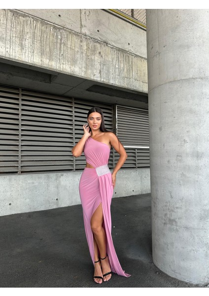 Tek Omuz Detaylı Sandy Kumaş Elbise 583181 Pembe