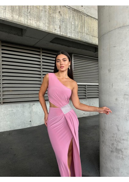 Tek Omuz Detaylı Sandy Kumaş Elbise 583181 Pembe fiyatları