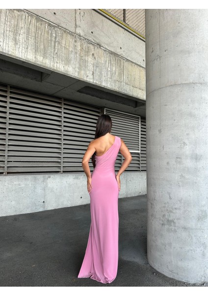 Tek Omuz Detaylı Sandy Kumaş Elbise 583181 Pembe modelleri