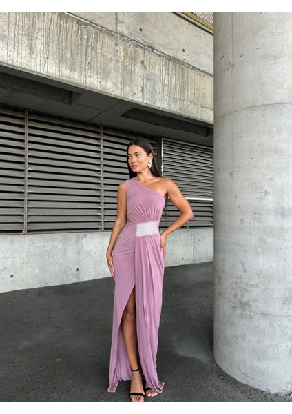 Tek Omuz Detaylı Sandy Kumaş Elbise 583181 Gül Kurusu