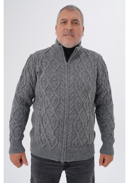 Büyük Beden Erkek Cepli Fermuarlı Yürütme Saç Örgülü Yün Hırka TRIST-2120