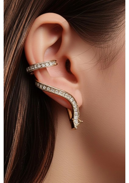Yılan Tasarım Dizi Baget Zirkon Taşlı Kıkırdaklı Earcuff Küpe Gold
