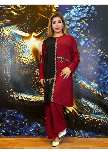 Takım Tunik Pantolon Kadın Üç Rengi Renk Bloklu Etnik Desenli Oversize Bisiklet Yaka Krep Kumaş