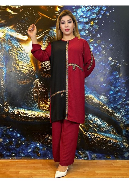 Takım Tunik Pantolon Kadın Üç Rengi Renk Bloklu Etnik Desenli Oversize Bisiklet Yaka Krep Kumaş fiyatları