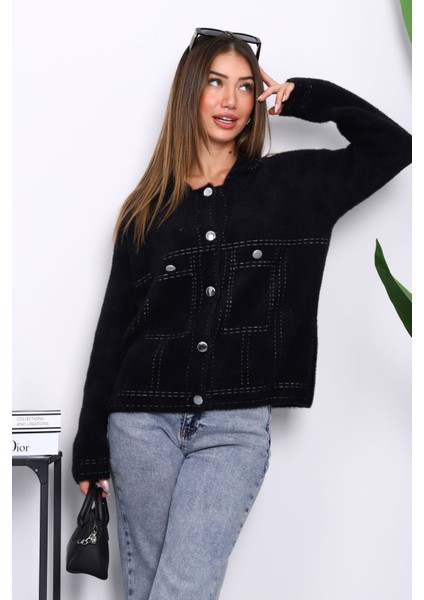 Siyah Angora Yumoş Triko Hırka