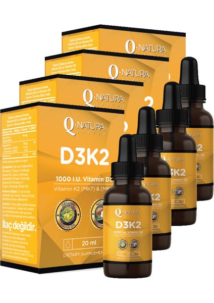 D3K2 (Mk-4, Mk-7) 20 ml Damla (Organik Zeytinyağı ve Mct Oil) 4 Kutu