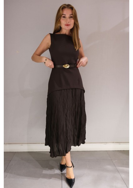 Marvel 3120 Kolsuz Belden Kemerli Dar Kalıp Kayık Yaka Elbise modelleri