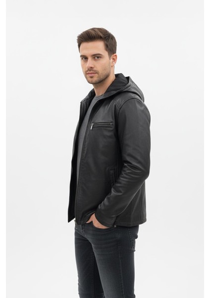 Erkek Siyah Kapüşonlu Hakiki Deri Mont