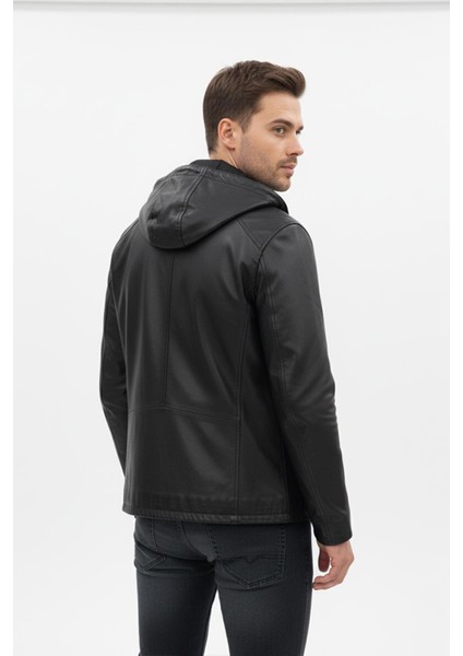 Erkek Siyah Kapüşonlu Hakiki Deri Mont fiyatları