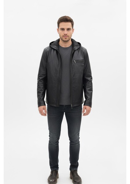 Erkek Siyah Kapüşonlu Hakiki Deri Mont modelleri