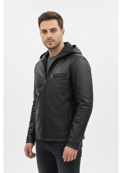 Erkek Siyah Kapüşonlu Hakiki Deri Mont fırsatları